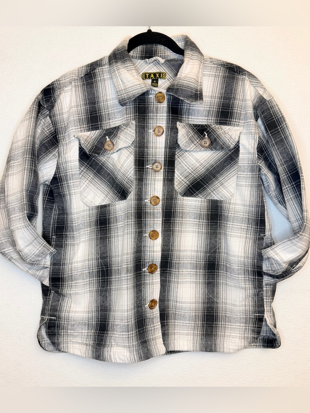 Taxi Heavyweight Plaid Flannel Shirt Jacket Shacket 100% Cotton Gray Black (M)